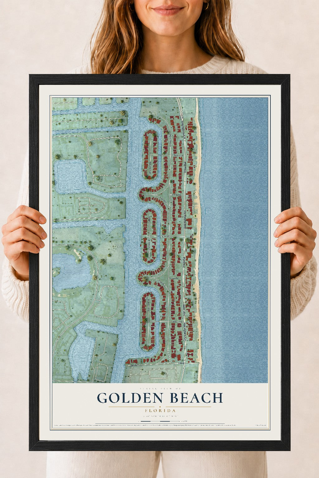 Golden Beach, Florida map print, 18" x 24" W/ Black Ayous Wood Frame mockup
