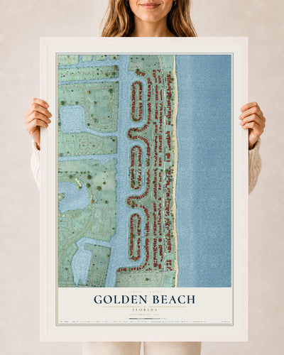 Golden Beach, Florida map print, 24" x 36" W/ White Ayous Wood Frame mockup