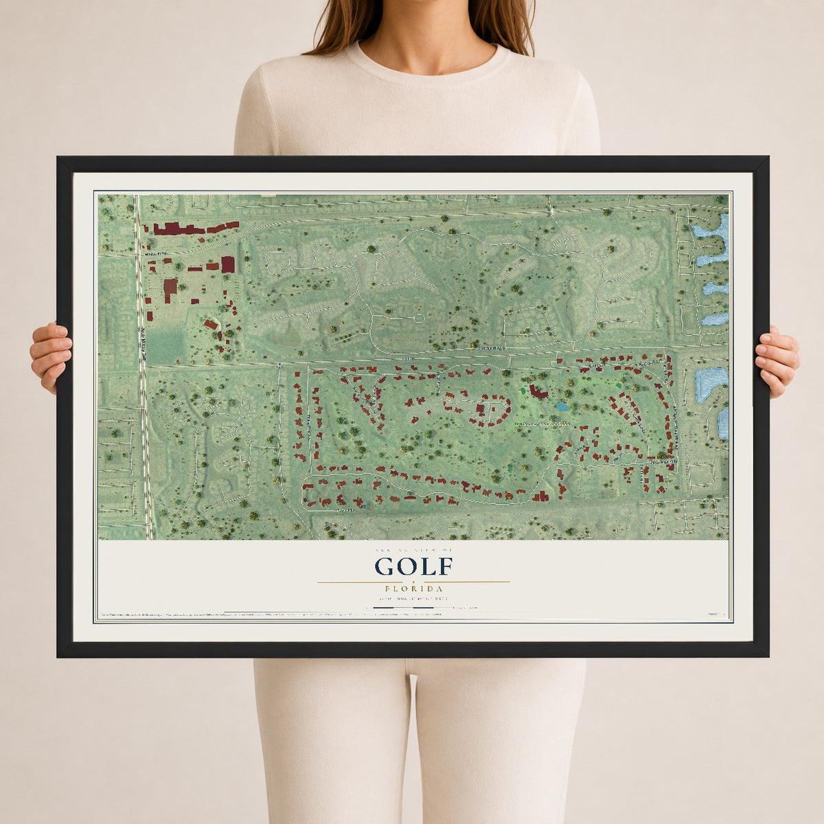 Golf, Florida map print, 24" x 36" W/ Black Ayous Wood Frame mockup