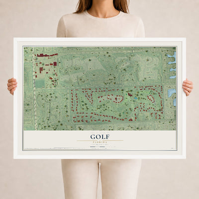 Golf, Florida map print, 24" x 36" W/ White Ayous Wood Frame mockup