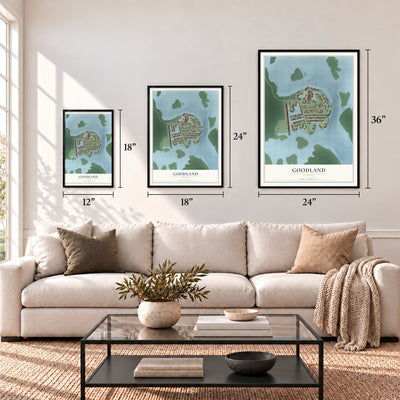 Goodland, Florida map in 12 x 18, 18 x 24 and 24 x 36 inch sizes above a sofa