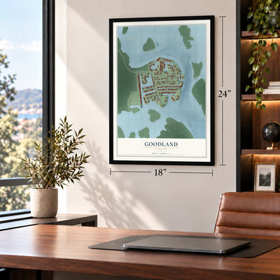 Goodland, Florida map, 18 x 24 inch print in a black frame in a home office