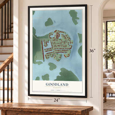 Goodland, Florida map, 24 x 36 inch print in a black frame by a staircase