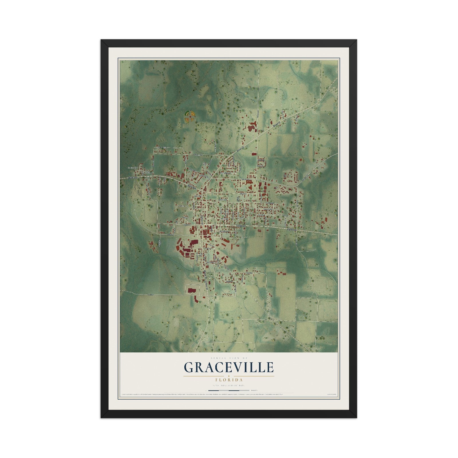 Graceville, Florida map print, 12" x 18" W/ Black Ayous Wood Frame mockup