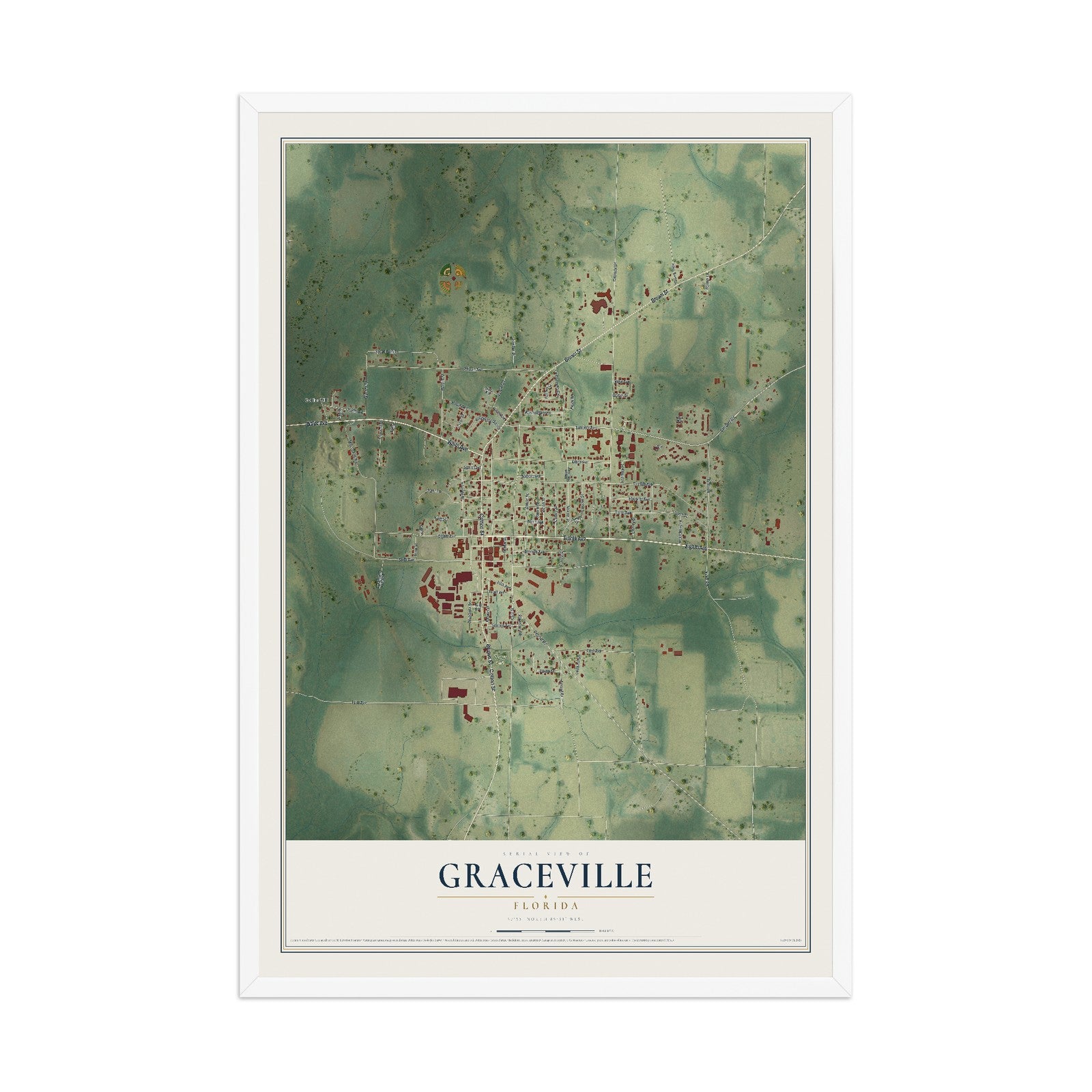 Graceville, Florida map print, 12" x 18" W/ White Ayous Wood Frame mockup
