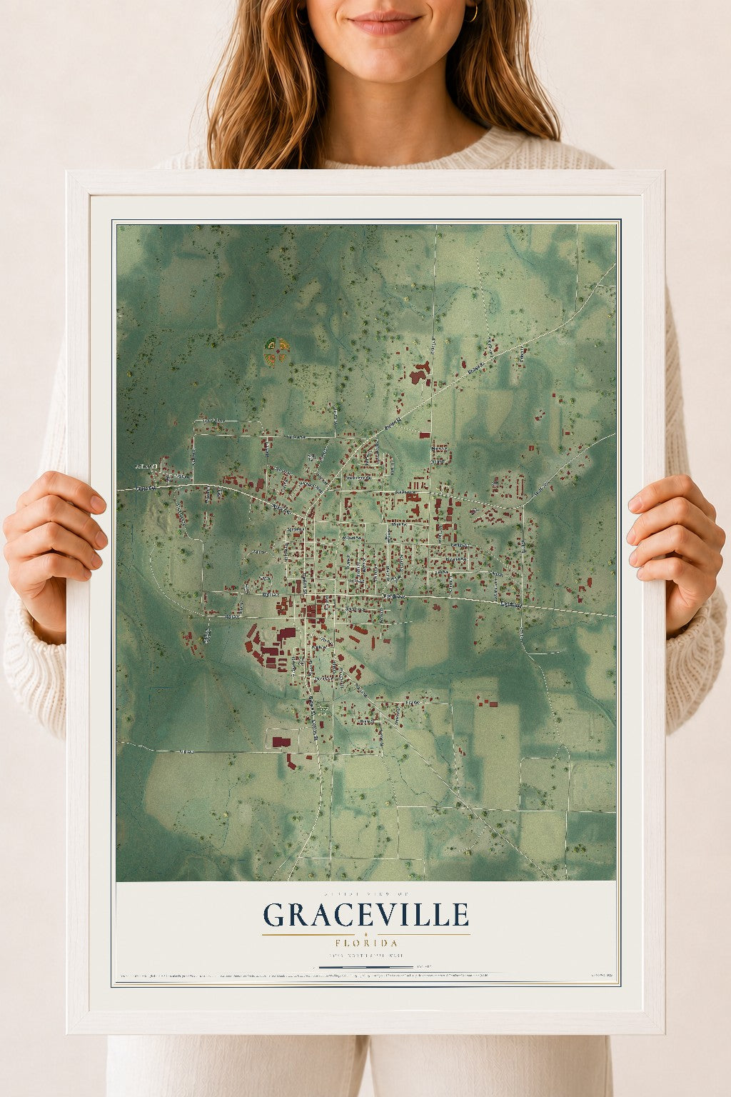 Graceville, Florida map print, 18" x 24" W/ White Ayous Wood Frame mockup