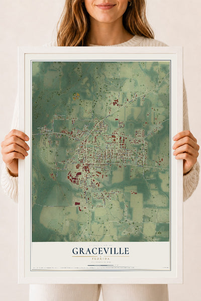 Graceville, Florida map print, 18" x 24" W/ White Ayous Wood Frame mockup