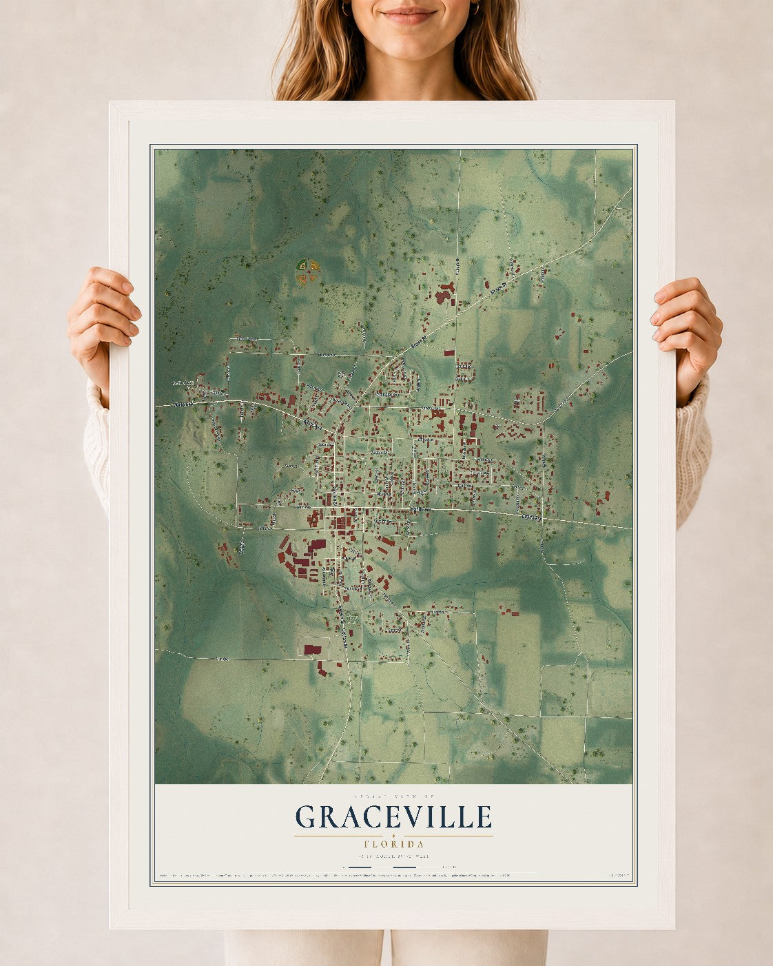 Graceville, Florida map print, 24" x 36" W/ White Ayous Wood Frame mockup