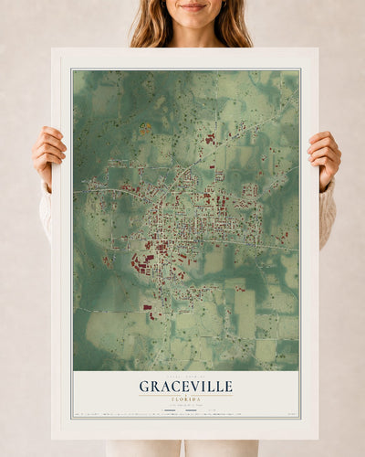 Graceville, Florida map print, 24" x 36" W/ White Ayous Wood Frame mockup