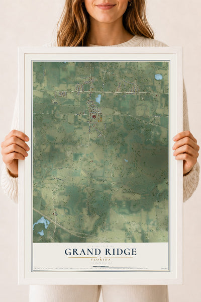 Grand Ridge, Florida map print, 18" x 24" W/ White Ayous Wood Frame mockup