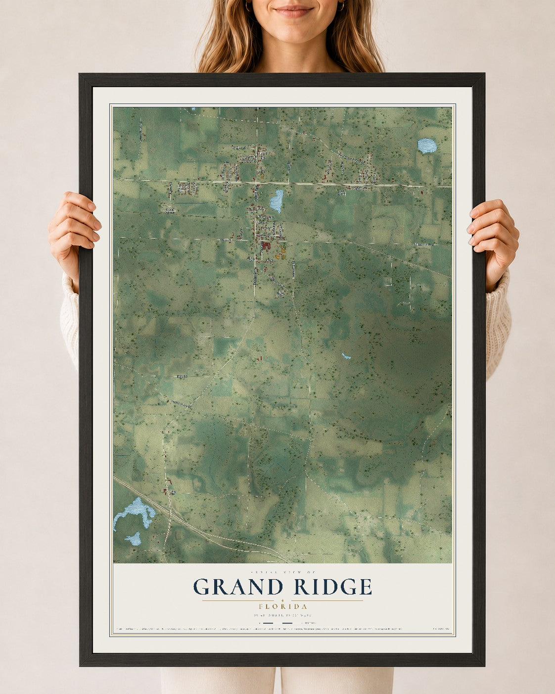 Grand Ridge, Florida map print, 24" x 36" W/ Black Ayous Wood Frame mockup