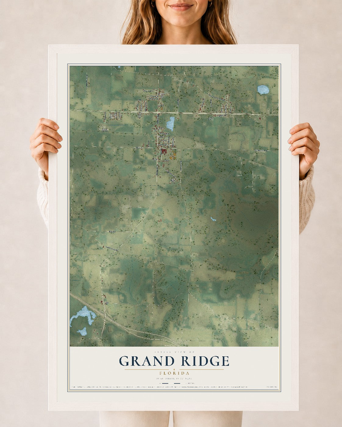 Grand Ridge, Florida map print, 24" x 36" W/ White Ayous Wood Frame mockup
