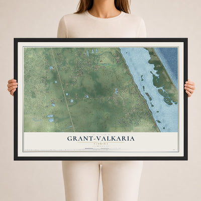Grant-Valkaria, Florida map print, 24" x 36" W/ Black Ayous Wood Frame mockup