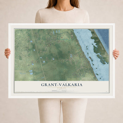 Grant-Valkaria, Florida map print, 24" x 36" W/ White Ayous Wood Frame mockup