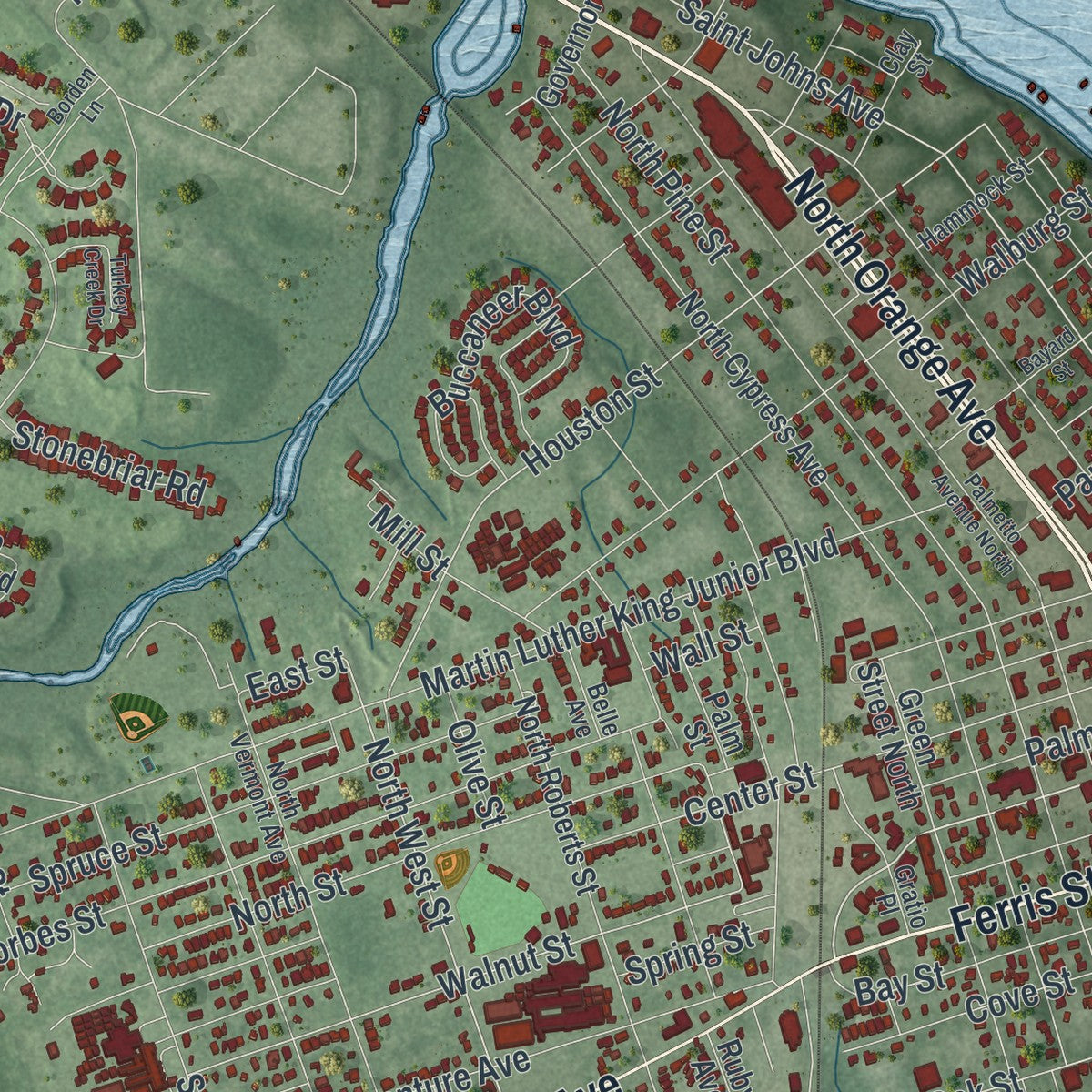 Close-up 1 of the Green Cove Springs, Florida map artwork