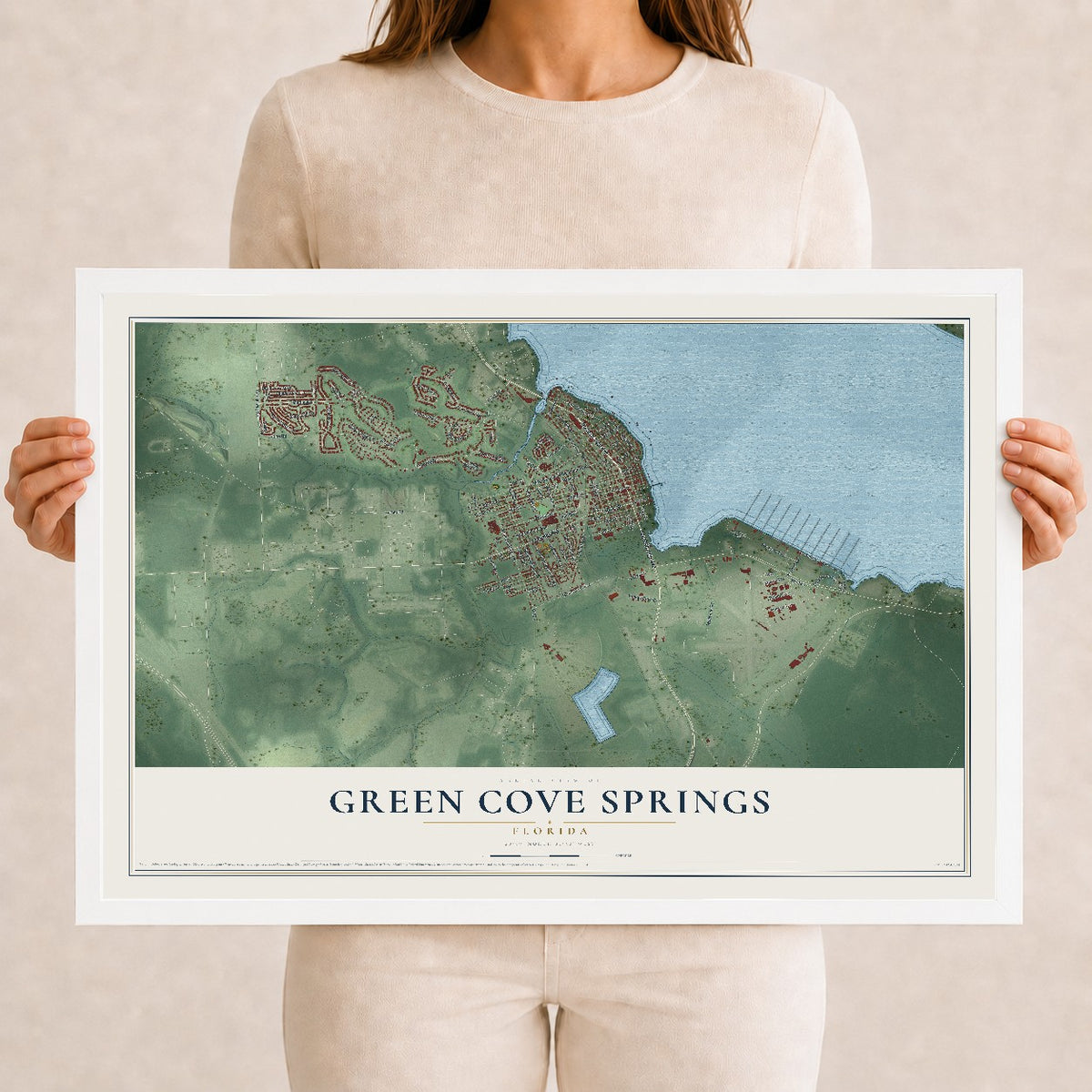 Green Cove Springs, Florida map print, 12" x 18" W/ White Ayous Wood Frame mockup