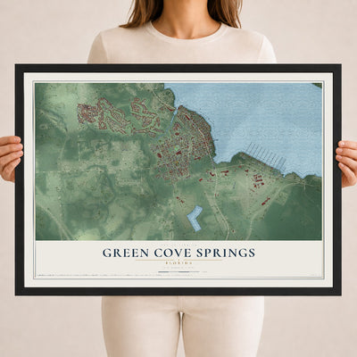 Green Cove Springs, Florida map print, 18" x 24" W/ Black Ayous Wood Frame mockup