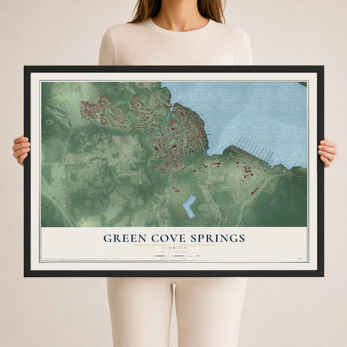 Green Cove Springs, Florida map print, 24" x 36" W/ Black Ayous Wood Frame mockup