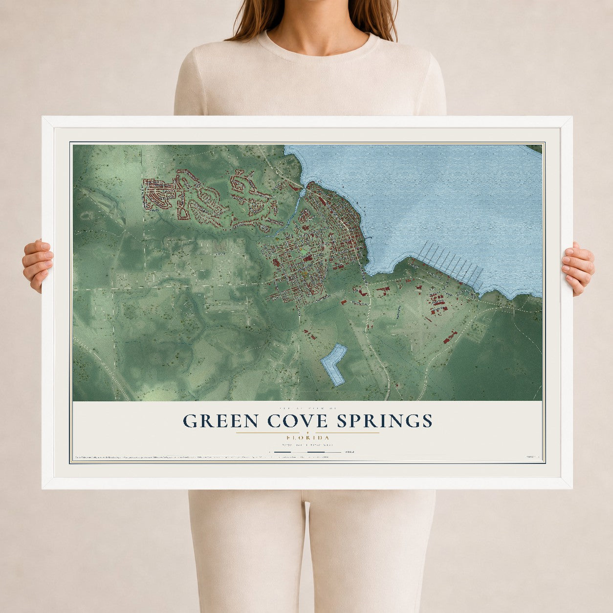 Green Cove Springs, Florida map print, 24" x 36" W/ White Ayous Wood Frame mockup