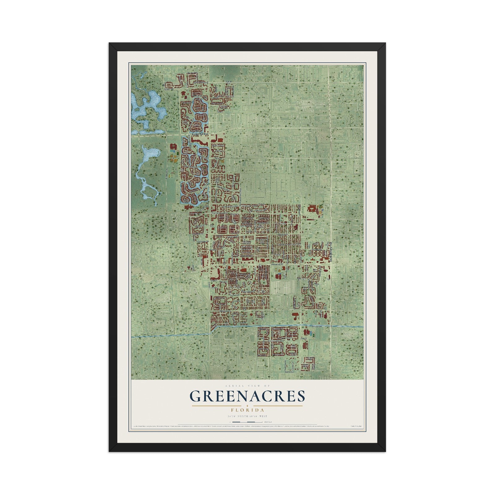 Greenacres, Florida map print, 12" x 18" W/ Black Ayous Wood Frame mockup