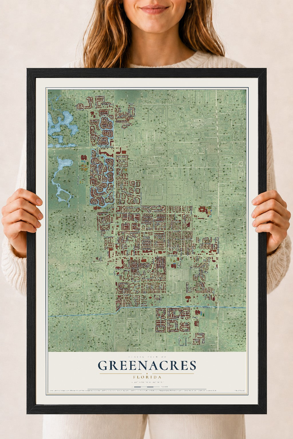 Greenacres, Florida map print, 18" x 24" W/ Black Ayous Wood Frame mockup