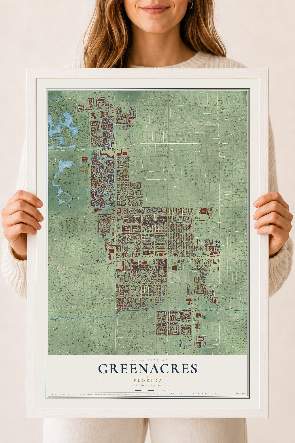 Greenacres, Florida map print, 18" x 24" W/ White Ayous Wood Frame mockup