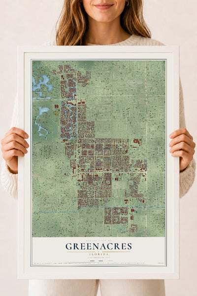 Greenacres, Florida map print, 18" x 24" W/ White Ayous Wood Frame mockup