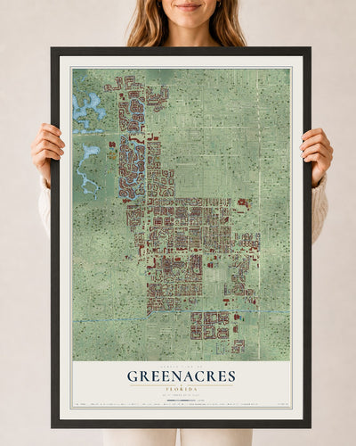 Greenacres, Florida map print, 24" x 36" W/ Black Ayous Wood Frame mockup