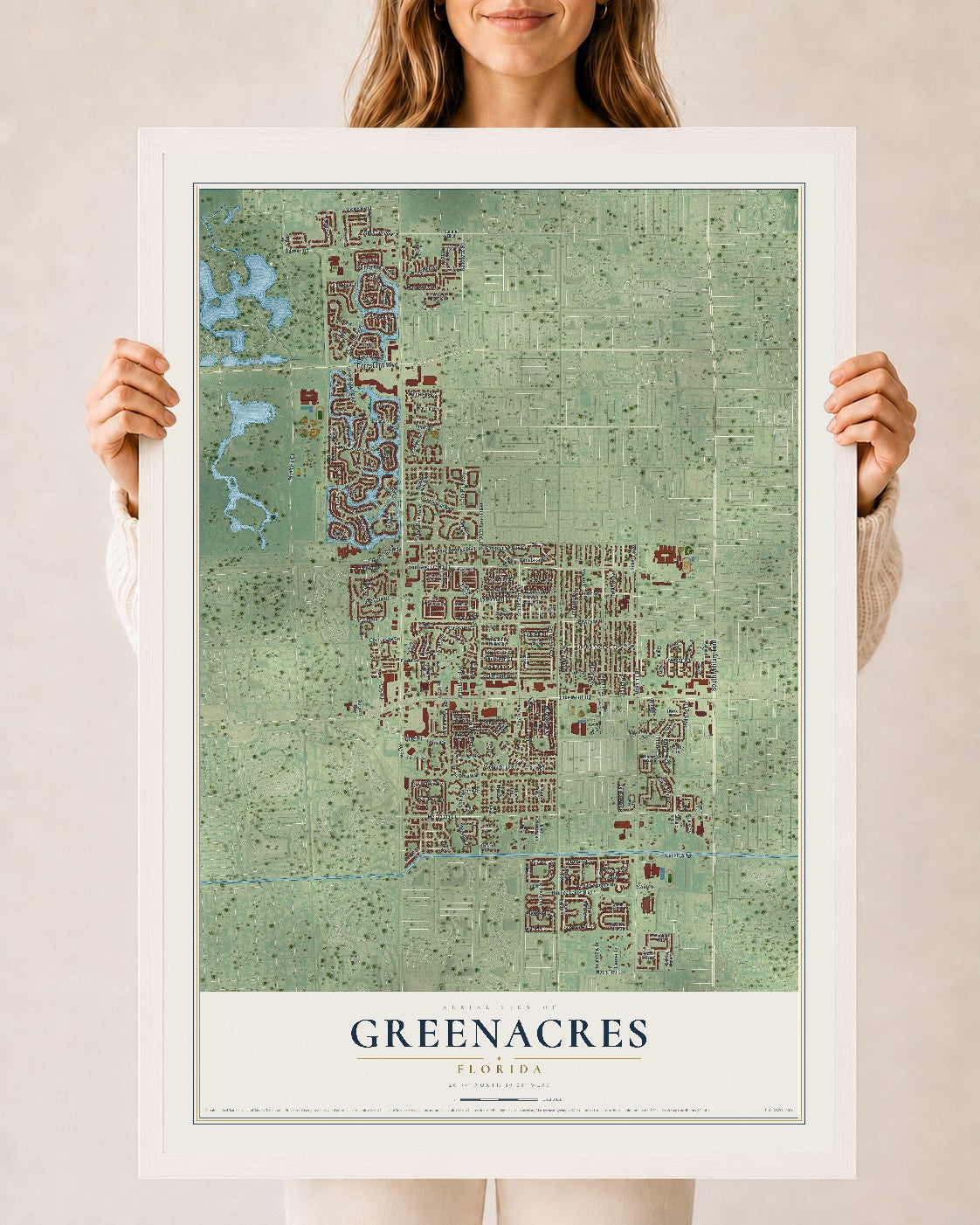Greenacres, Florida map print, 24" x 36" W/ White Ayous Wood Frame mockup