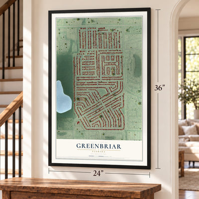 Greenbriar, Florida map, 24 x 36 inch print in a black frame by a staircase