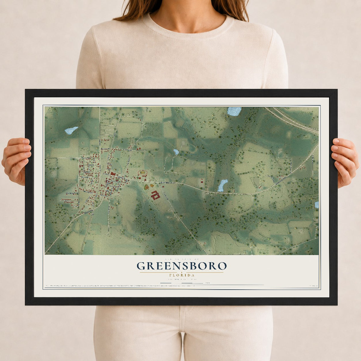 Greensboro, Florida map print, 12" x 18" W/ Black Ayous Wood Frame mockup