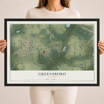 Greensboro, Florida map print, 18" x 24" W/ Black Ayous Wood Frame mockup
