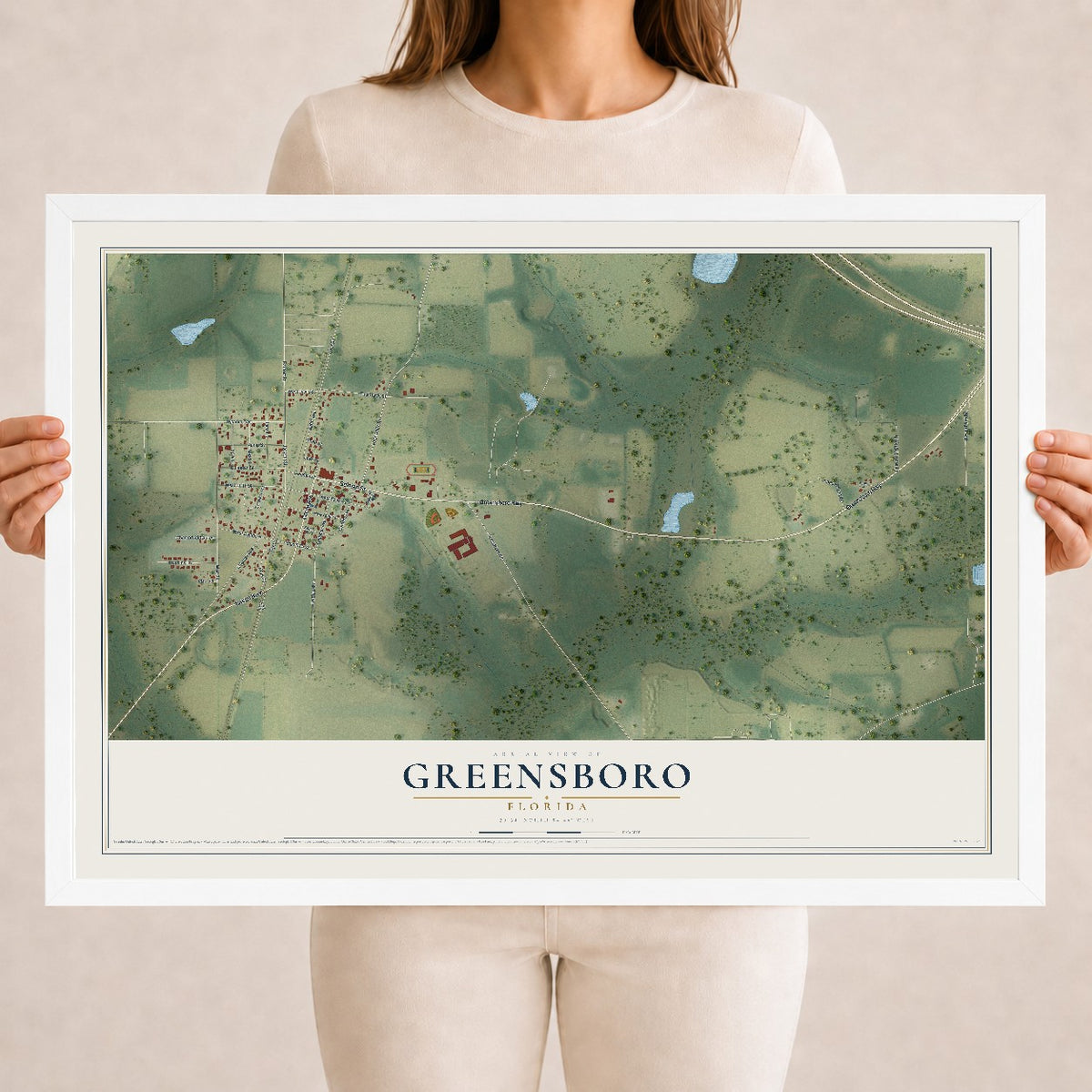Greensboro, Florida map print, 18" x 24" W/ White Ayous Wood Frame mockup