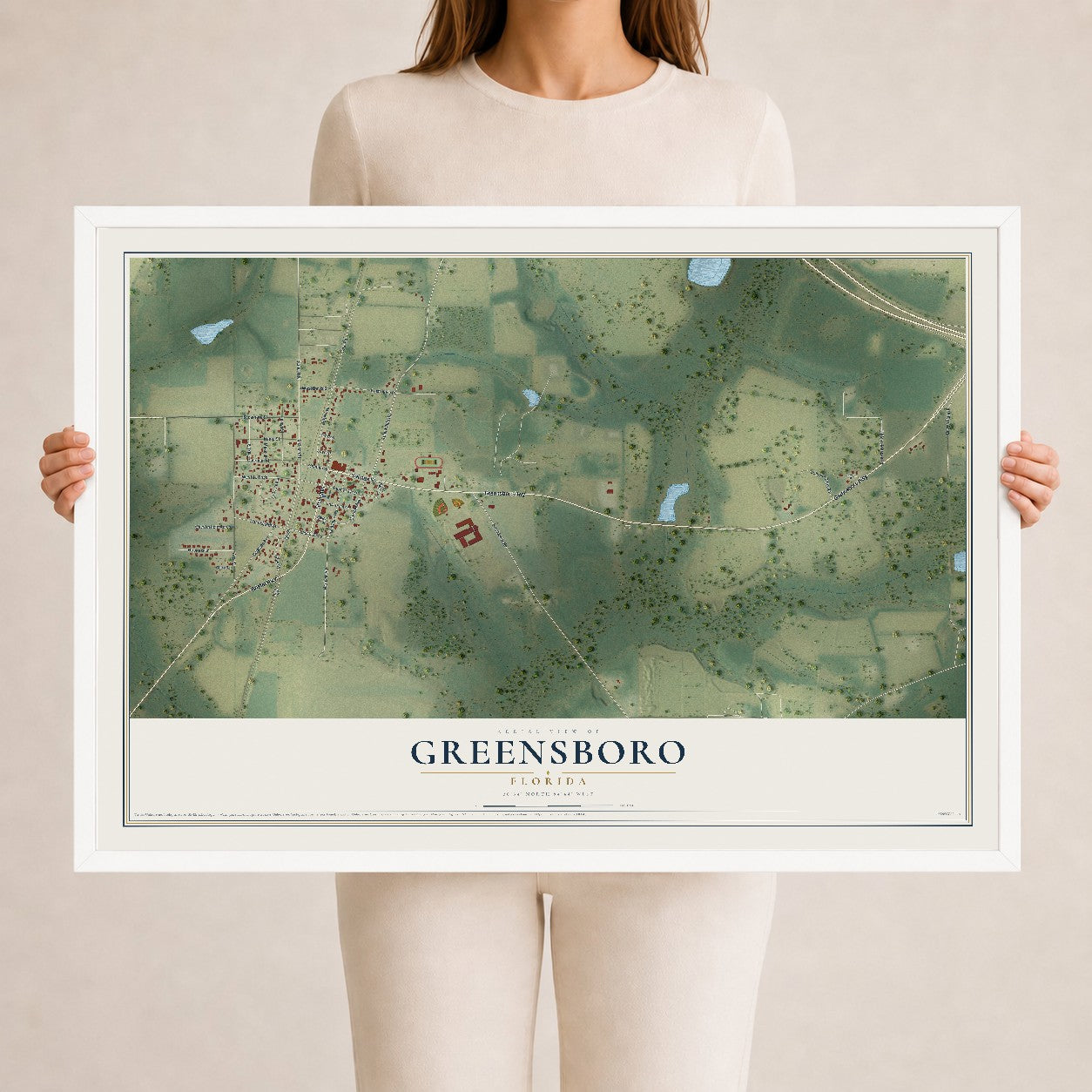 Greensboro, Florida map print, 24" x 36" W/ White Ayous Wood Frame mockup