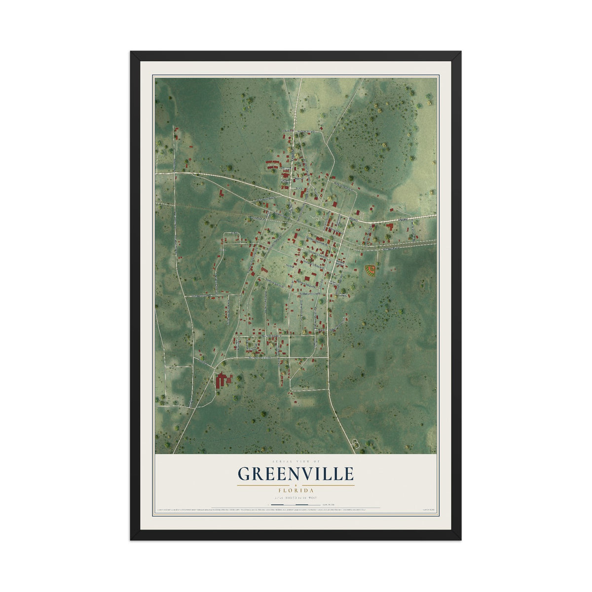 Greenville, Florida map print, 12" x 18" W/ Black Ayous Wood Frame mockup