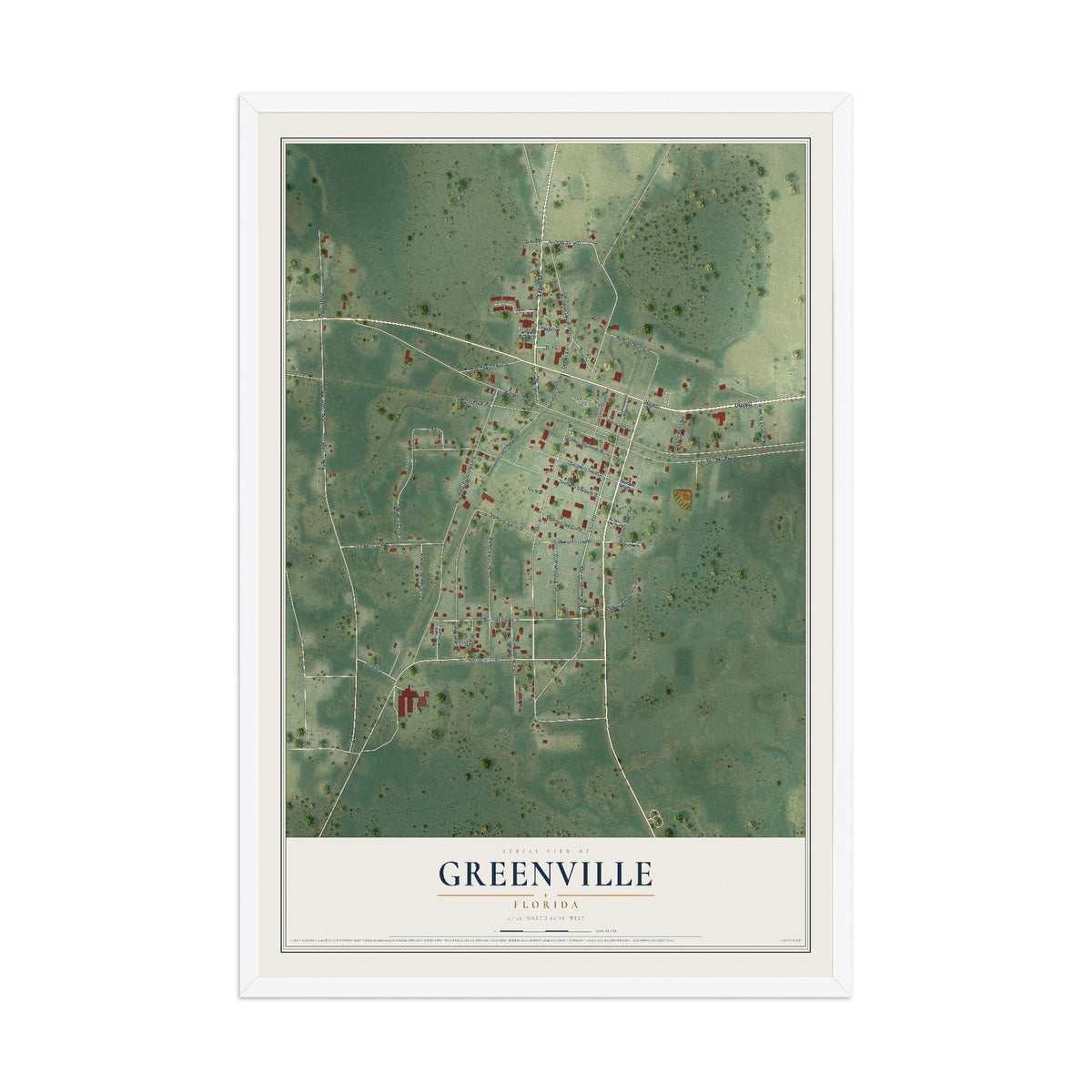 Greenville, Florida map print, 12" x 18" W/ White Ayous Wood Frame mockup