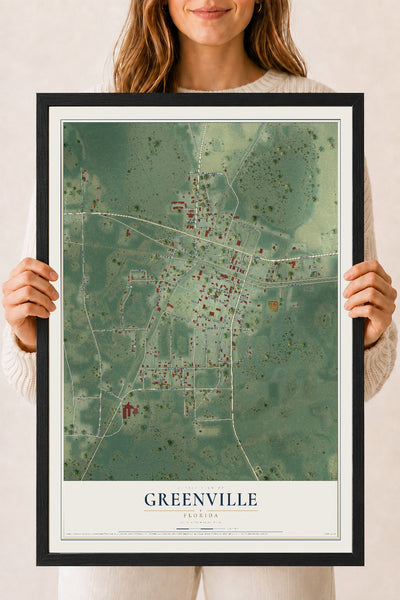 Greenville, Florida map print, 18" x 24" W/ Black Ayous Wood Frame mockup