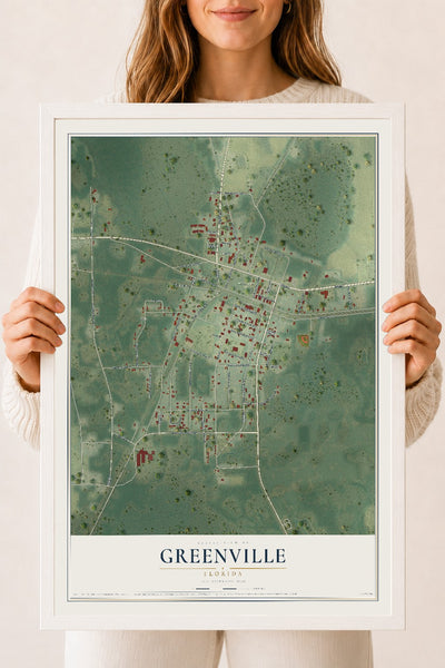 Greenville, Florida map print, 18" x 24" W/ White Ayous Wood Frame mockup