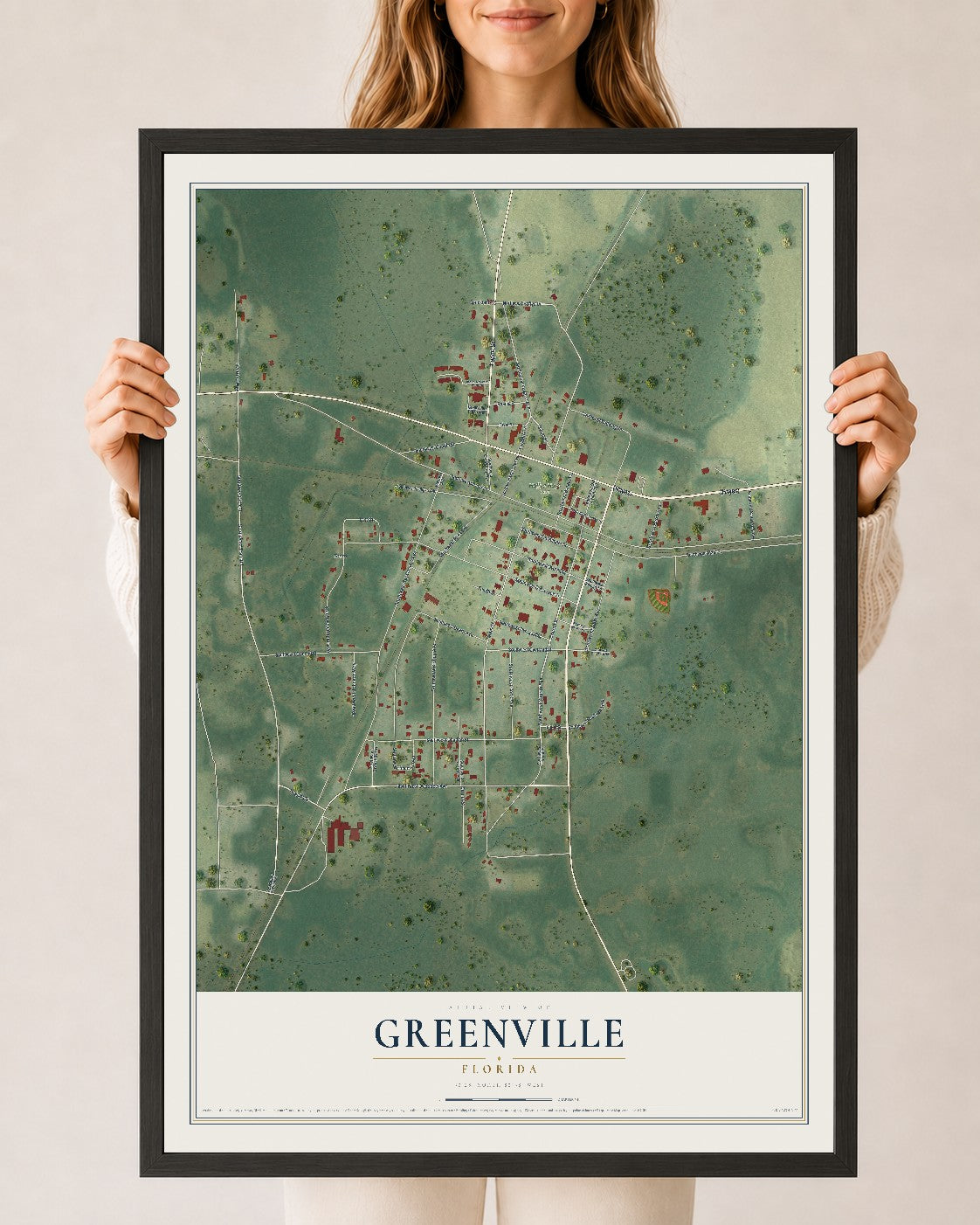 Greenville, Florida map print, 24" x 36" W/ Black Ayous Wood Frame mockup