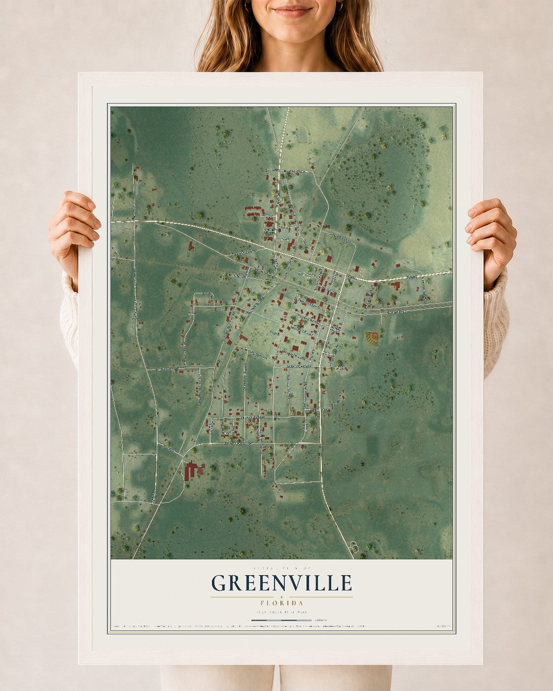 Greenville, Florida map print, 24" x 36" W/ White Ayous Wood Frame mockup