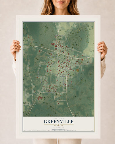 Greenville, Florida map print, 24" x 36" W/ White Ayous Wood Frame mockup