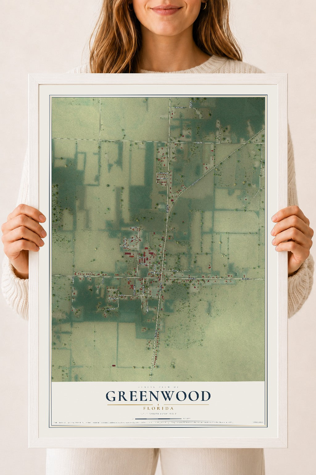 Greenwood, Florida map print, 18" x 24" W/ White Ayous Wood Frame mockup