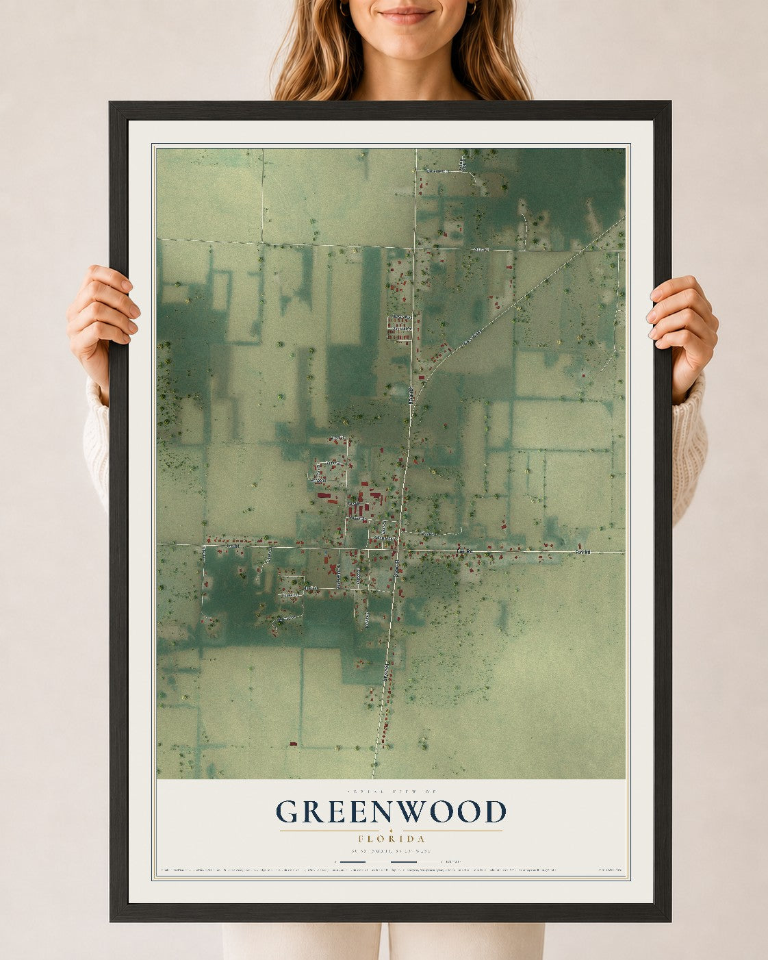 Greenwood, Florida map print, 24" x 36" W/ Black Ayous Wood Frame mockup