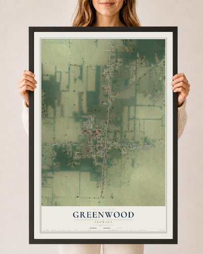 Greenwood, Florida map print, 24" x 36" W/ Black Ayous Wood Frame mockup