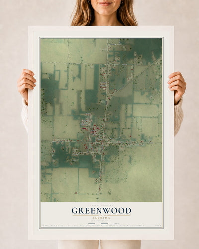 Greenwood, Florida map print, 24" x 36" W/ White Ayous Wood Frame mockup