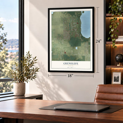 Grenelefe, Florida map, 18 x 24 inch print in a black frame in a home office
