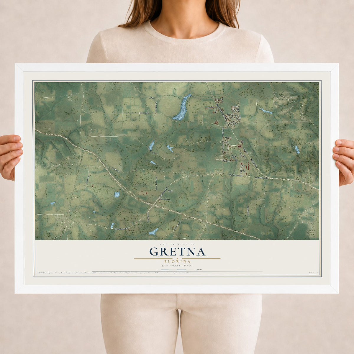 Gretna, Florida map print, 18" x 24" W/ White Ayous Wood Frame mockup