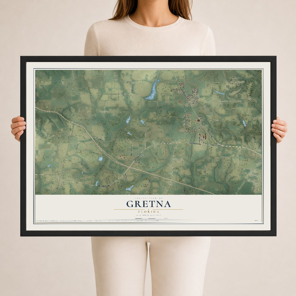 Gretna, Florida map print, 24" x 36" W/ Black Ayous Wood Frame mockup