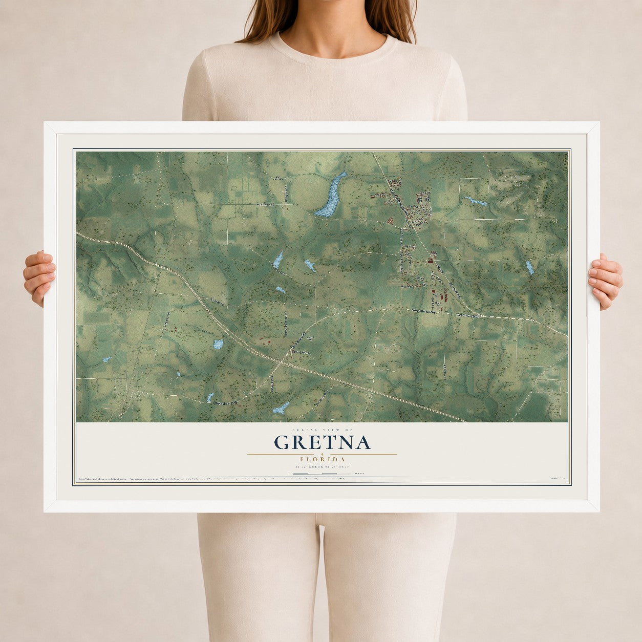 Gretna, Florida map print, 24" x 36" W/ White Ayous Wood Frame mockup
