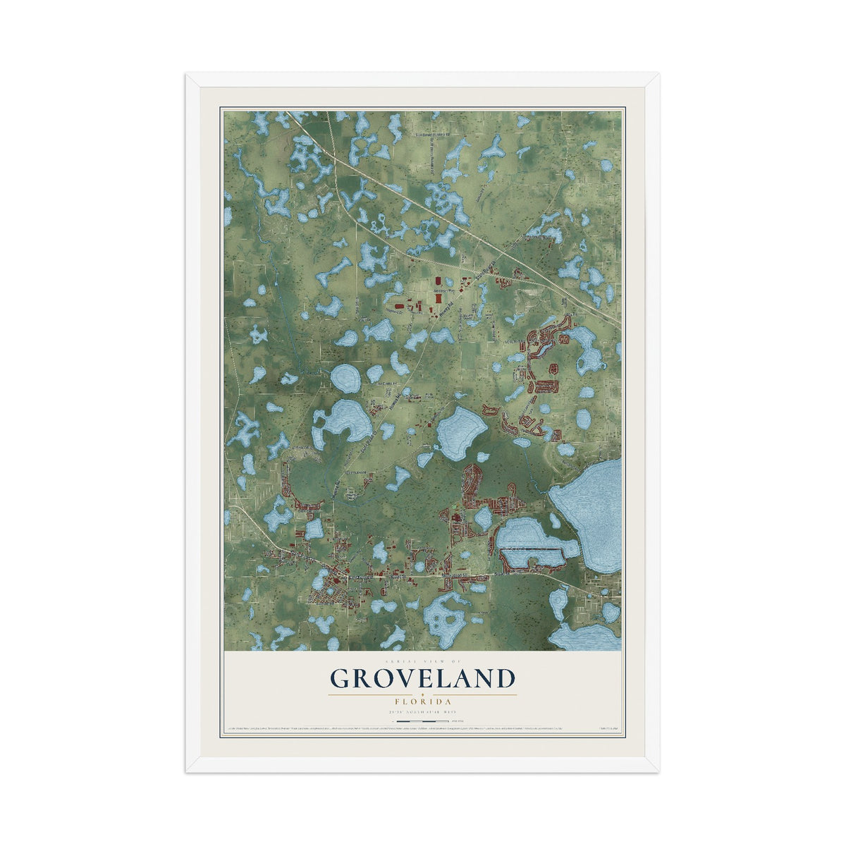 Groveland, Florida map print, 12" x 18" W/ White Ayous Wood Frame mockup